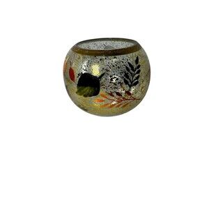Autumn Leaves Hand Painted Gold Flake Glass Candle Holder- Art Glass